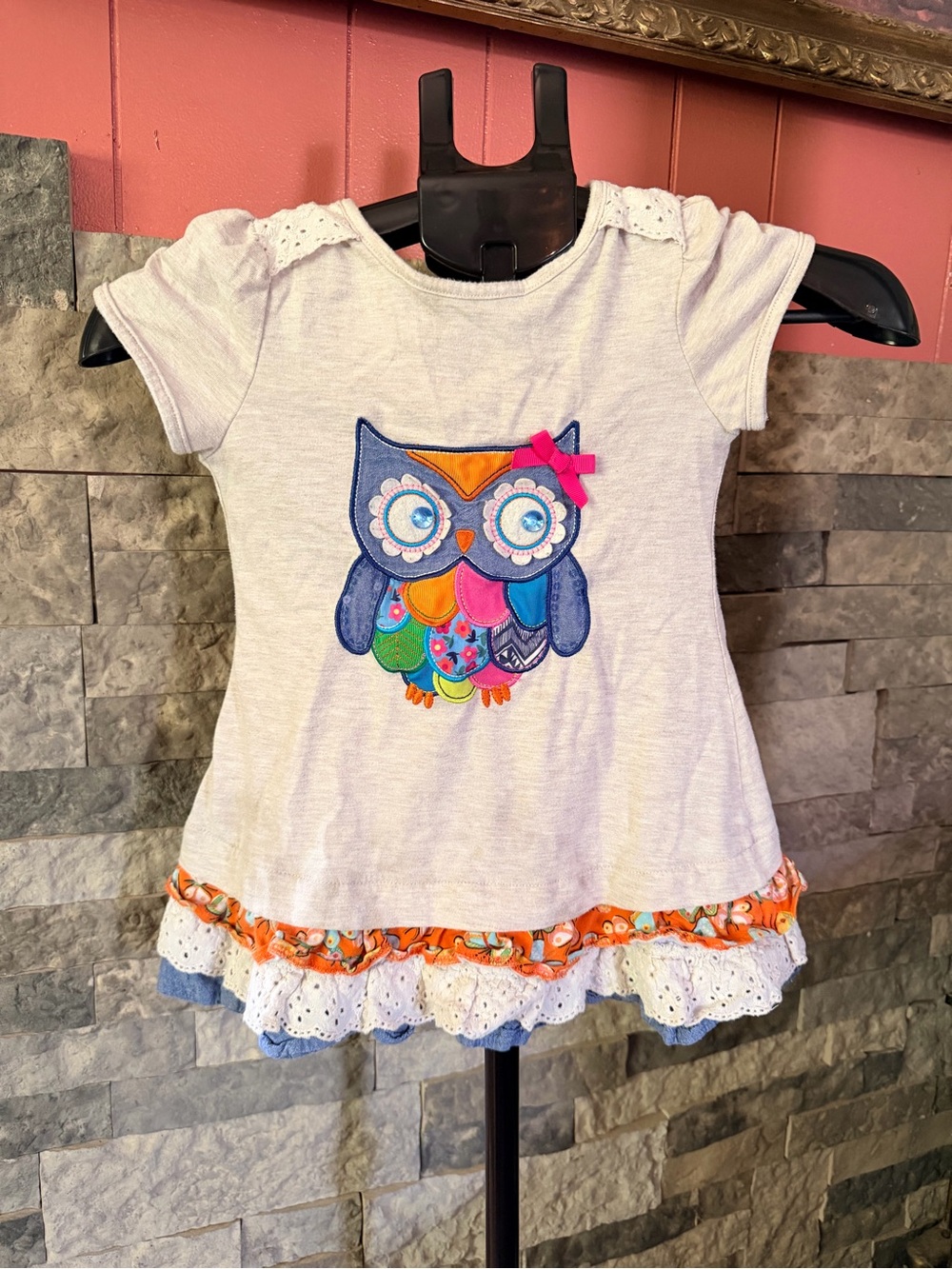 Rare Editions Girls Owl Patch Ruffle Hem T-Shirt Top Gray Orange Pink Size 6X